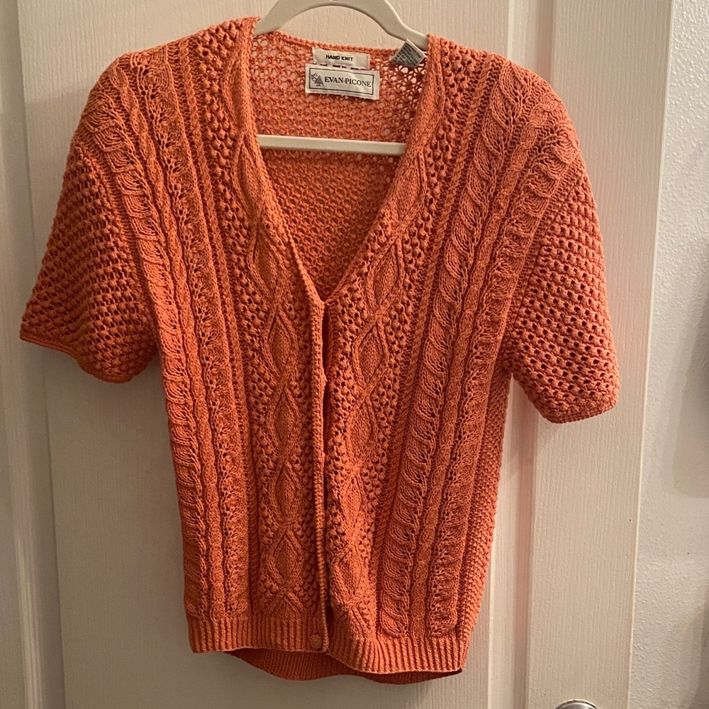 Evan Picone Orange Cable Hand Knit V-Neck Cardigan